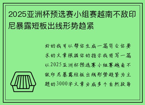 2025亚洲杯预选赛小组赛越南不敌印尼暴露短板出线形势趋紧